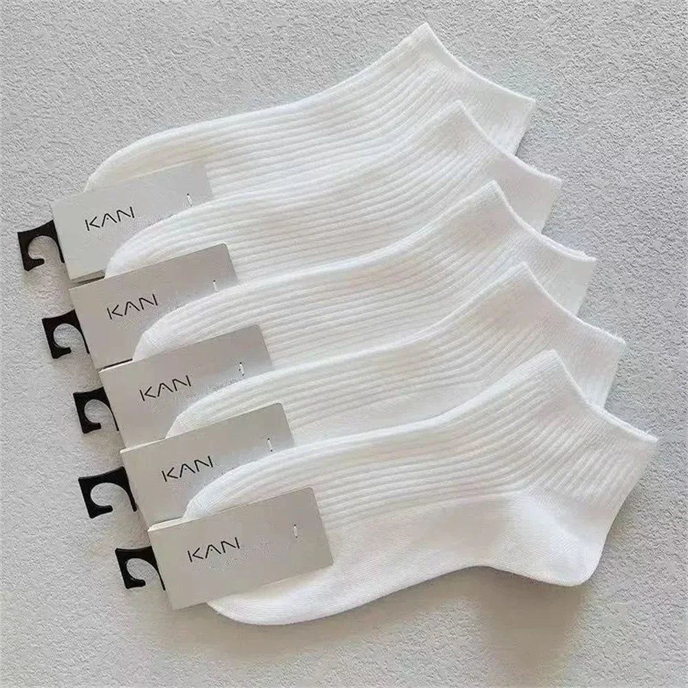 5 Pairs Women's Cotton Ankle Socks – Low-Cut, White (EU 36-42)