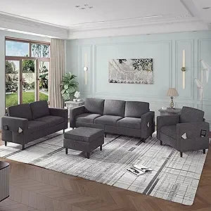 3-Piece L-Shaped Sofa Set with Storage Ottoman – Linen Upholstery