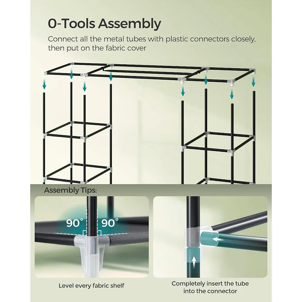 Portable Closet Organizer with Dust Cover, Hanging Rod & Shelves
