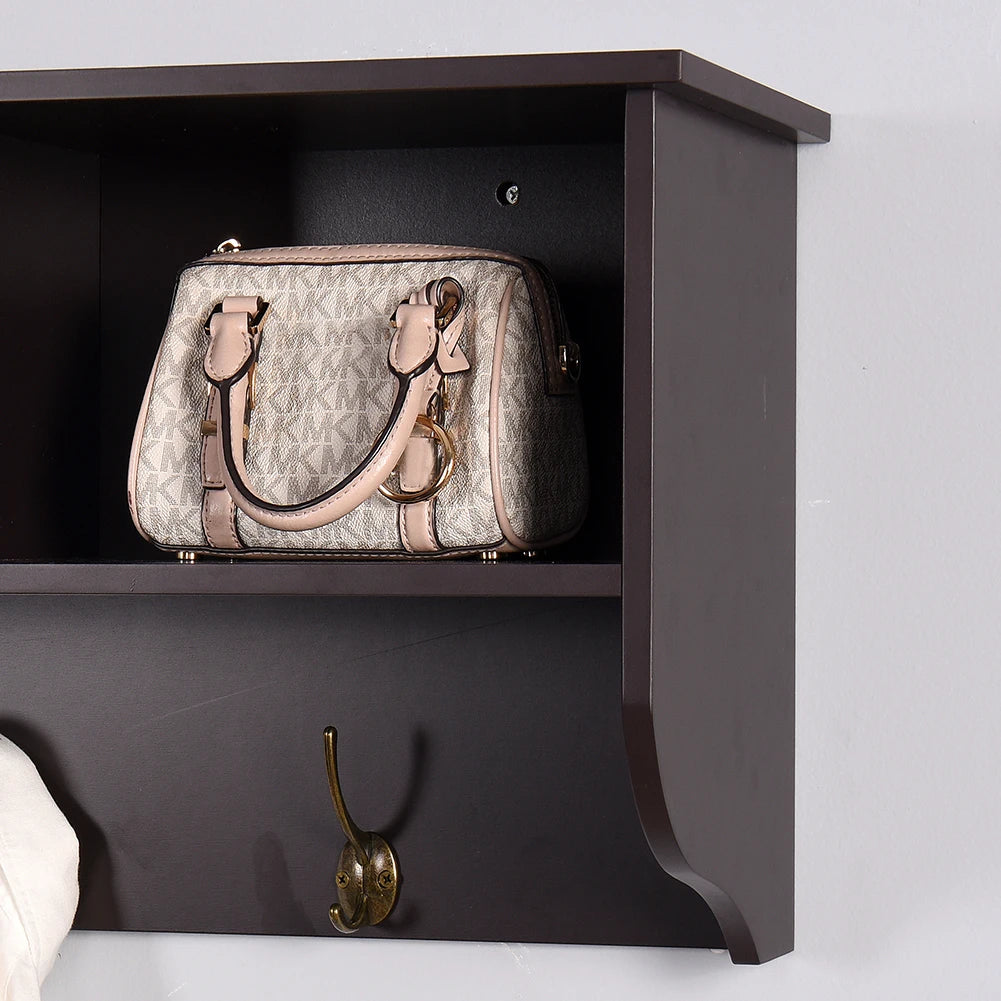 Rustic Wood Wall-Mounted Coat Rack with Shelf & 4 Dual Hooks