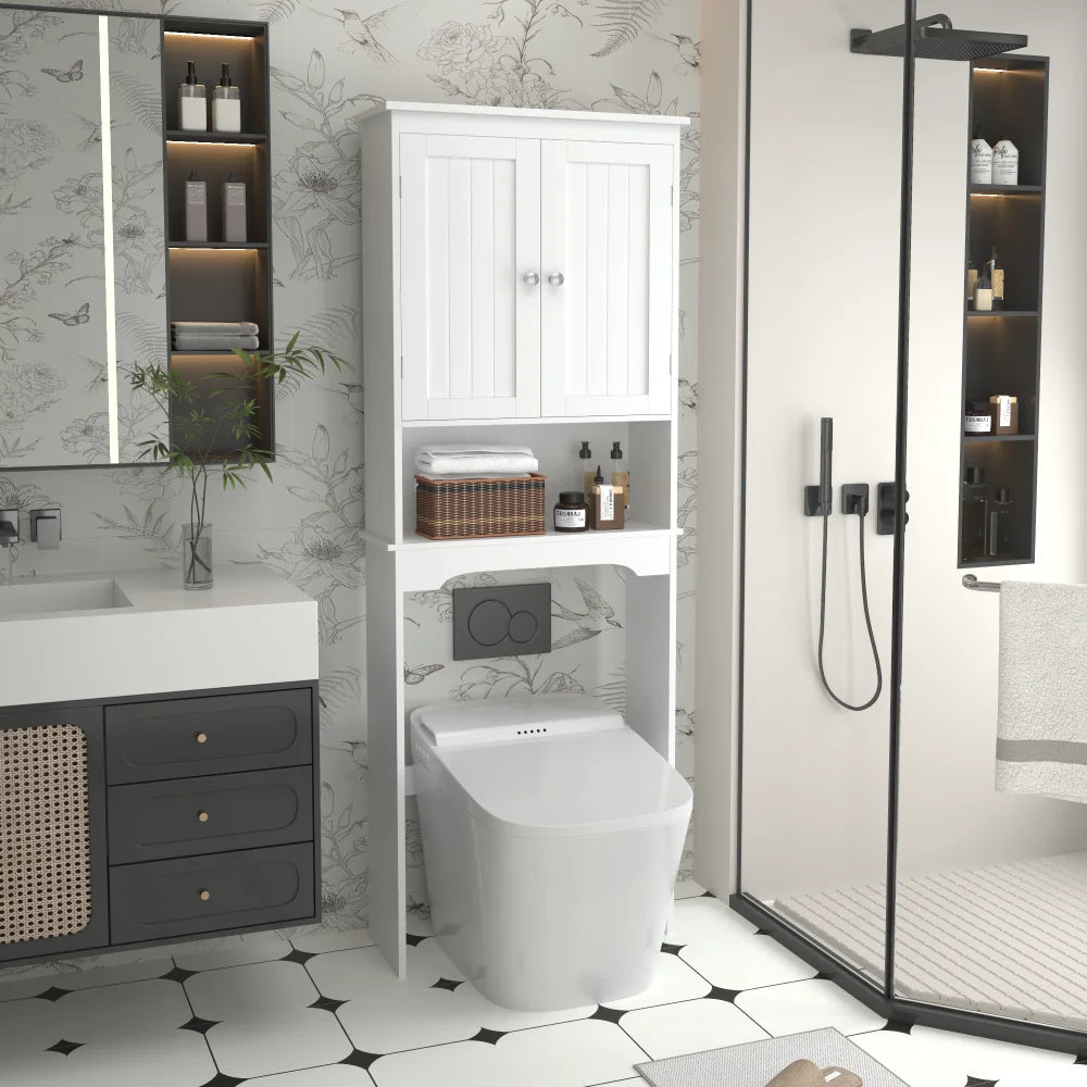 Over Toilet Storage Cabinet – White Wood Bathroom Organizer