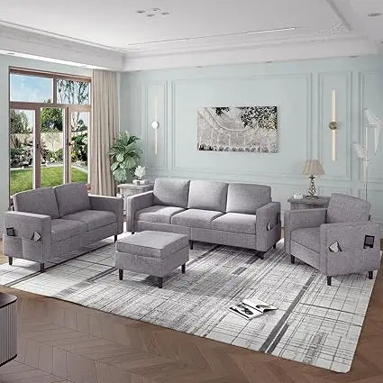 3-Piece L-Shaped Sofa Set with Storage Ottoman – Linen Upholstery