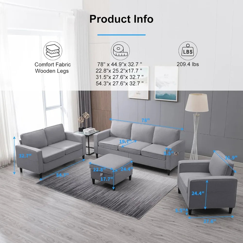 3-Piece L-Shaped Sofa Set with Storage Ottoman – Linen Upholstery