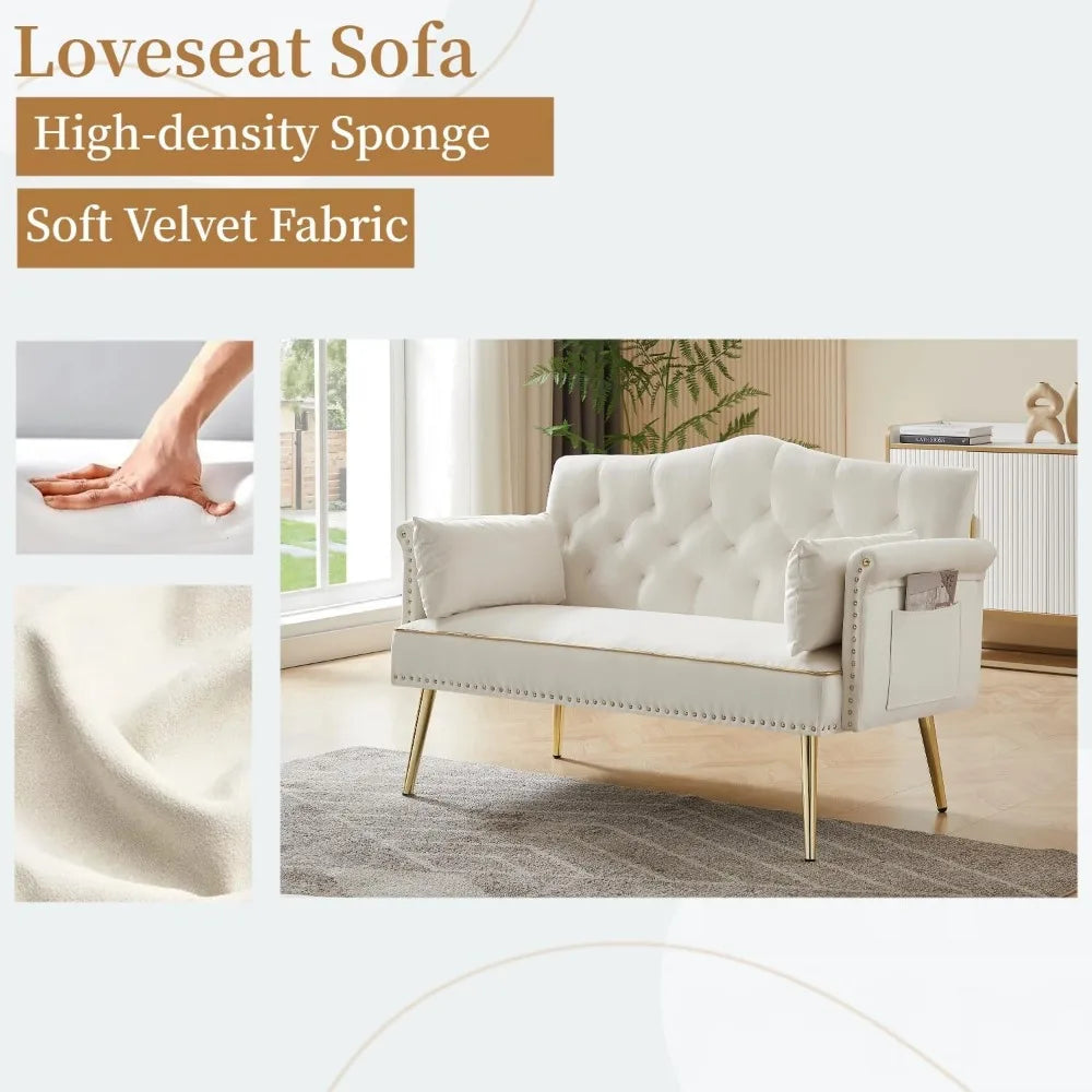 Small Velvet Loveseat Sofa with Gold Legs & Side Pockets