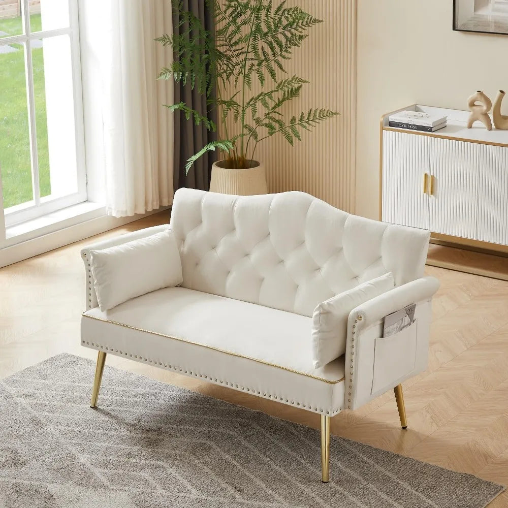Small Velvet Loveseat Sofa with Gold Legs & Side Pockets