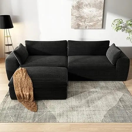 110" L-Shaped Corduroy Memory Foam Cloud Sofa – Black