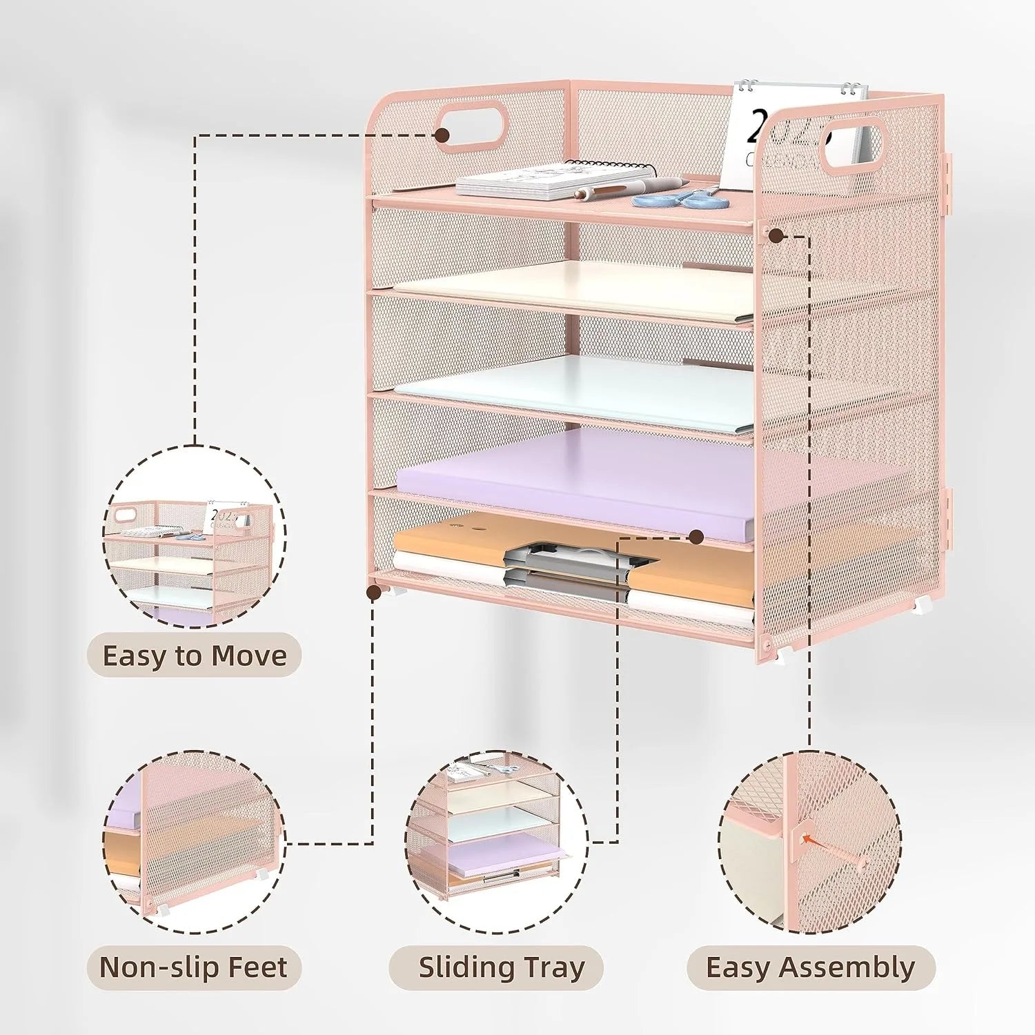 2-Pack 5-Tier Pink Mesh Desk Organizer with Handle