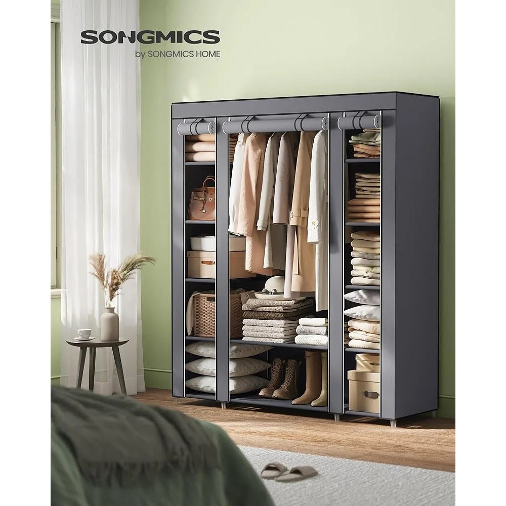 Portable Closet Organizer with Dust Cover, Hanging Rod & Shelves