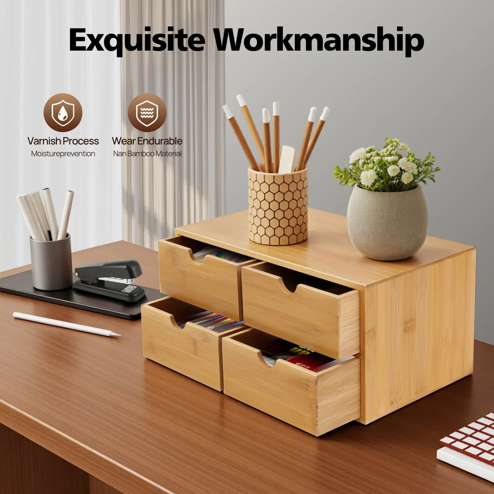 4-Drawer Bamboo Desk Organizer
