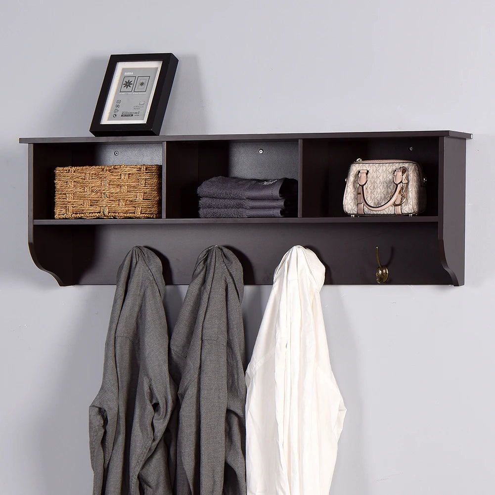 Rustic Wood Wall-Mounted Coat Rack with Shelf & 4 Dual Hooks