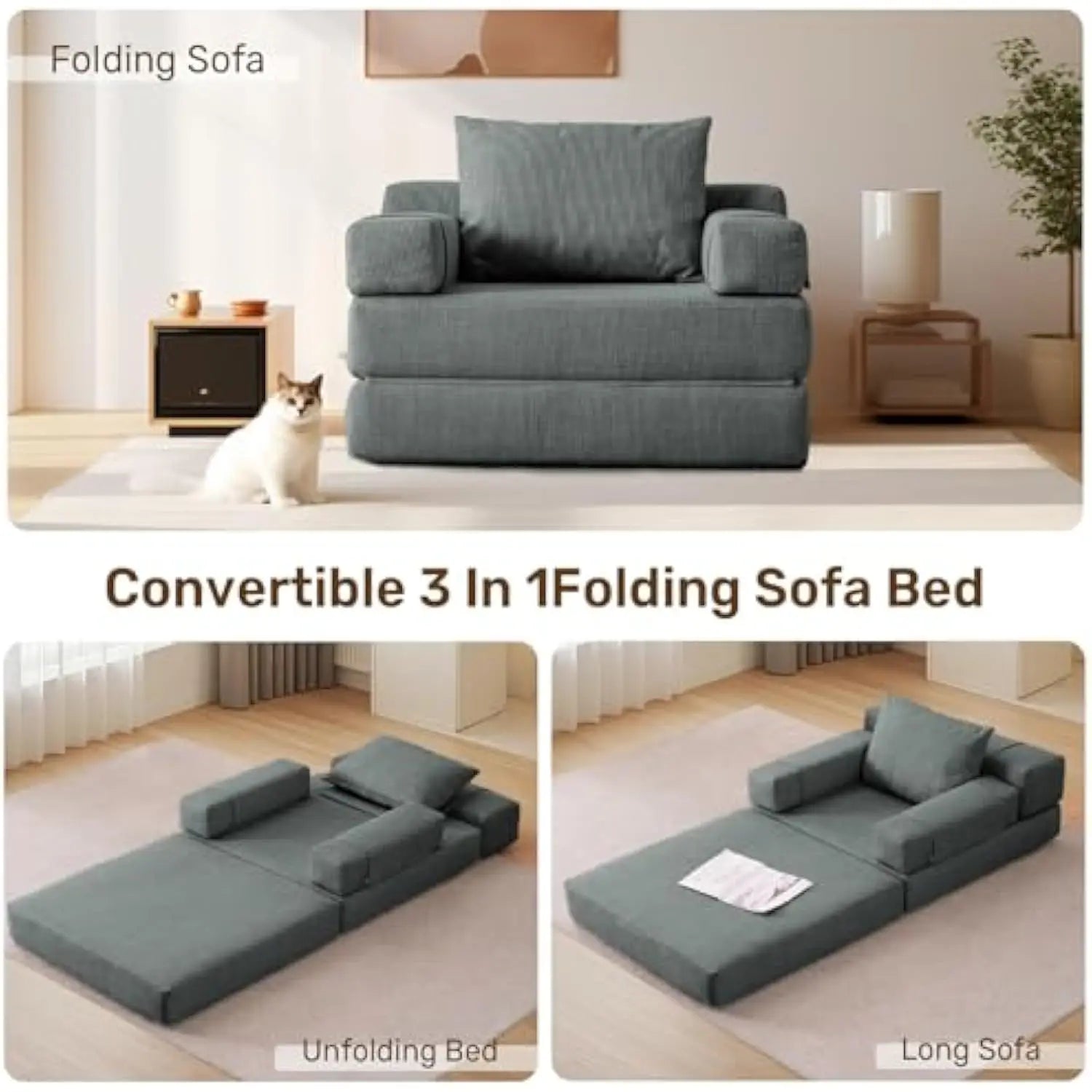 Folding Sofa Bed with Pillow – Dark Gray Convertible Sleeper Chair