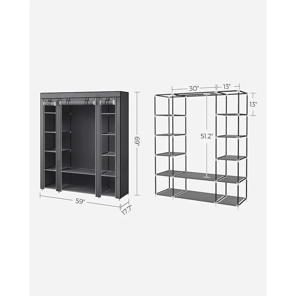 Portable Closet Organizer with Dust Cover, Hanging Rod & Shelves