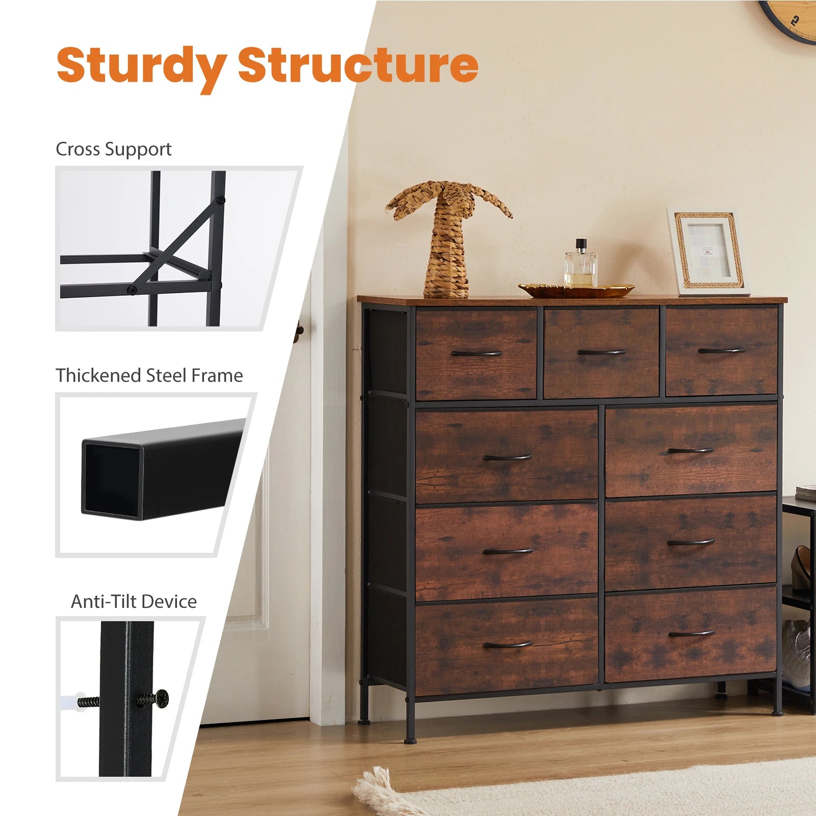 JHK Dresser with 9 Fabric Storage Drawers