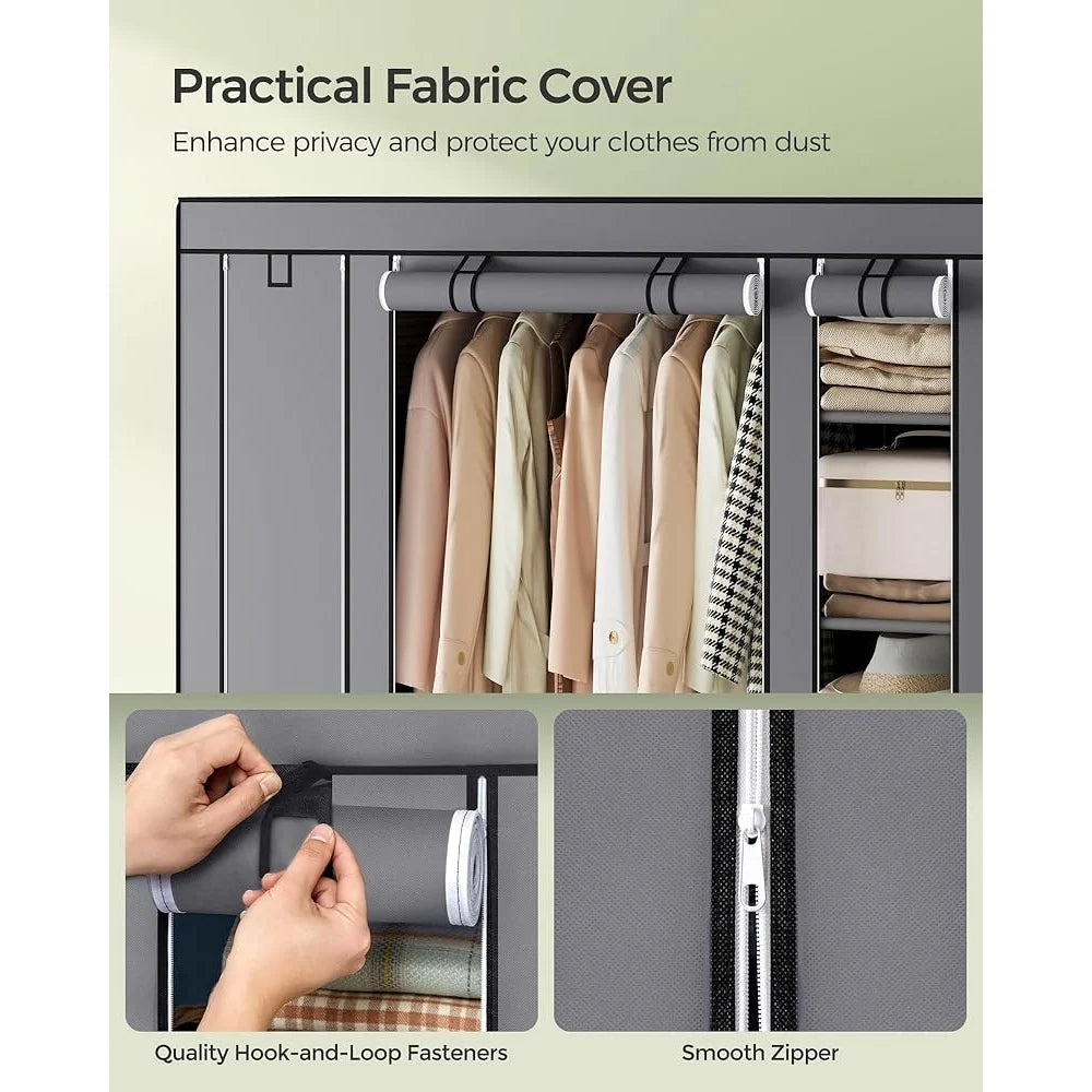 Portable Closet Organizer with Dust Cover, Hanging Rod & Shelves