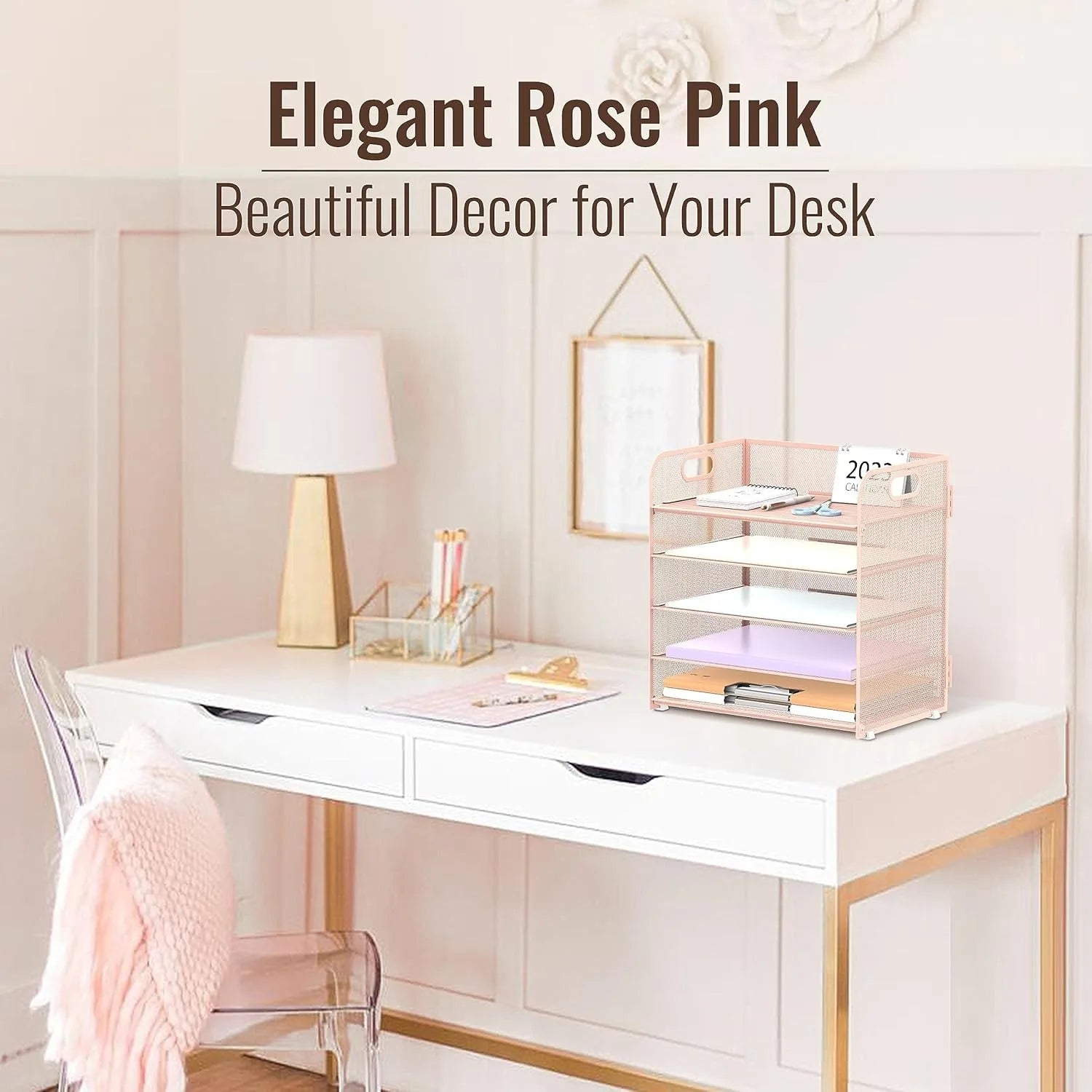 2-Pack 5-Tier Pink Mesh Desk Organizer with Handle