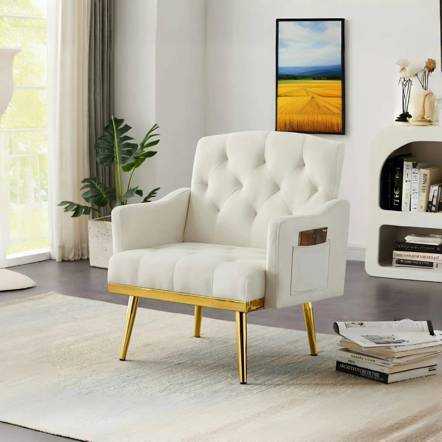 Small Velvet Loveseat Sofa with Gold Legs & Side Pockets