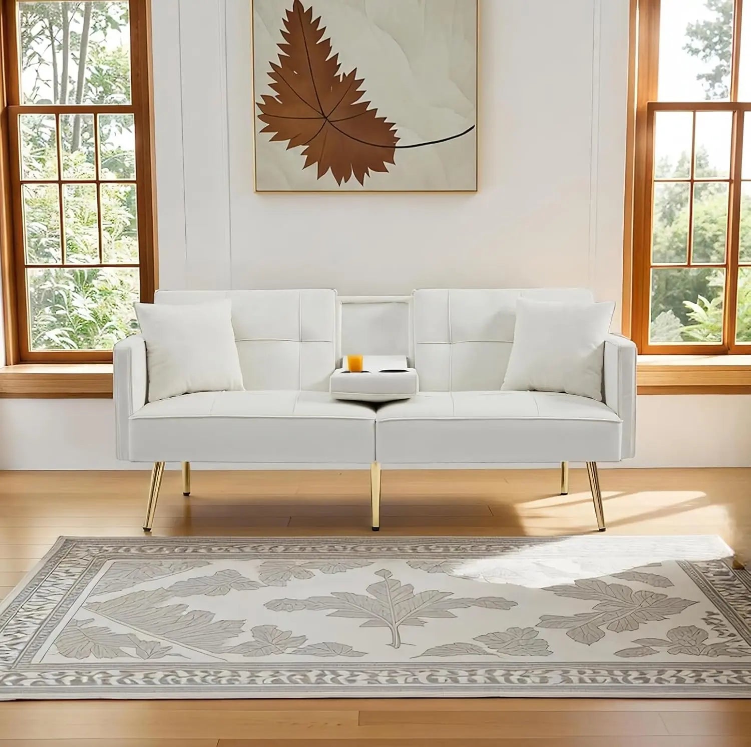 Small Velvet Loveseat Sofa with Gold Legs & Side Pockets