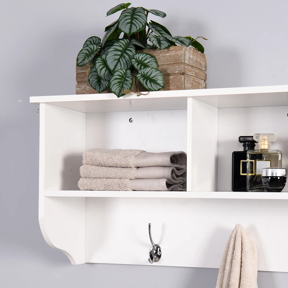Rustic Wood Wall-Mounted Coat Rack with Shelf & 4 Dual Hooks