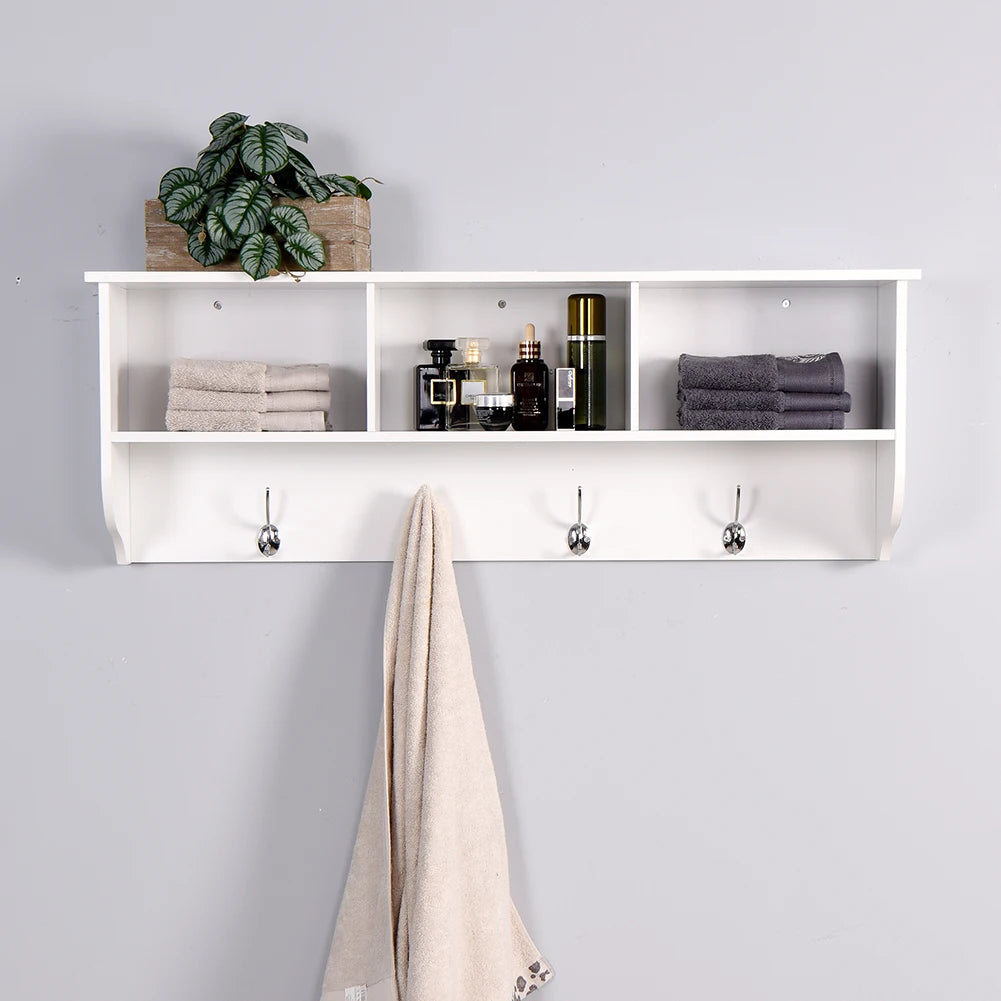 Rustic Wood Wall-Mounted Coat Rack with Shelf & 4 Dual Hooks