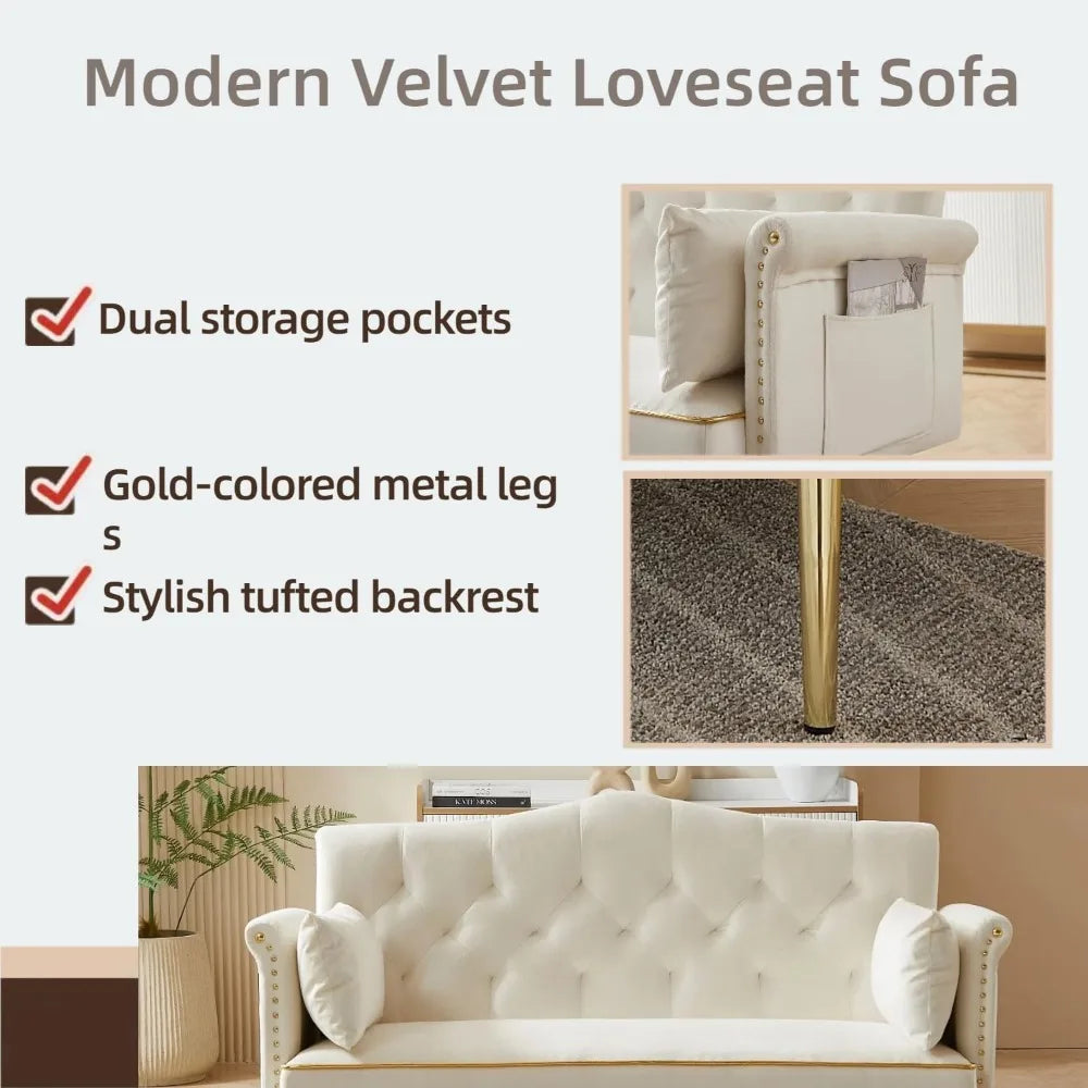 Small Velvet Loveseat Sofa with Gold Legs & Side Pockets