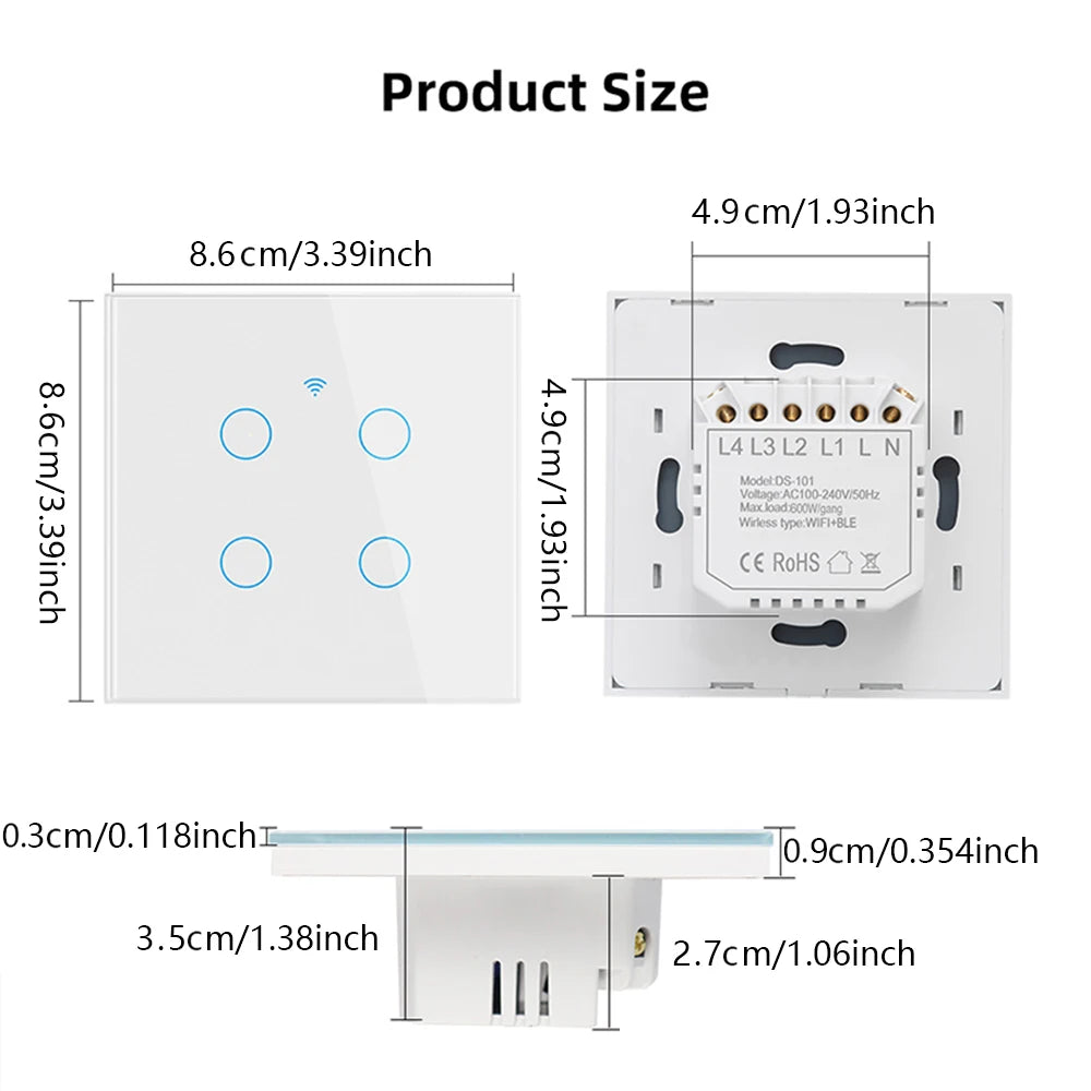 WiFi Touch Light Switch EU – 1/2/3/4 Gang, Tuya & Alexa Compatible