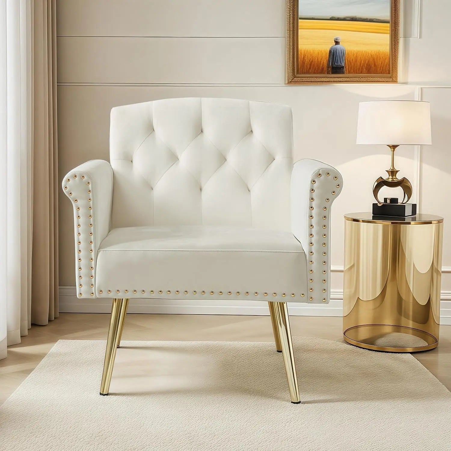Small Velvet Loveseat Sofa with Gold Legs & Side Pockets