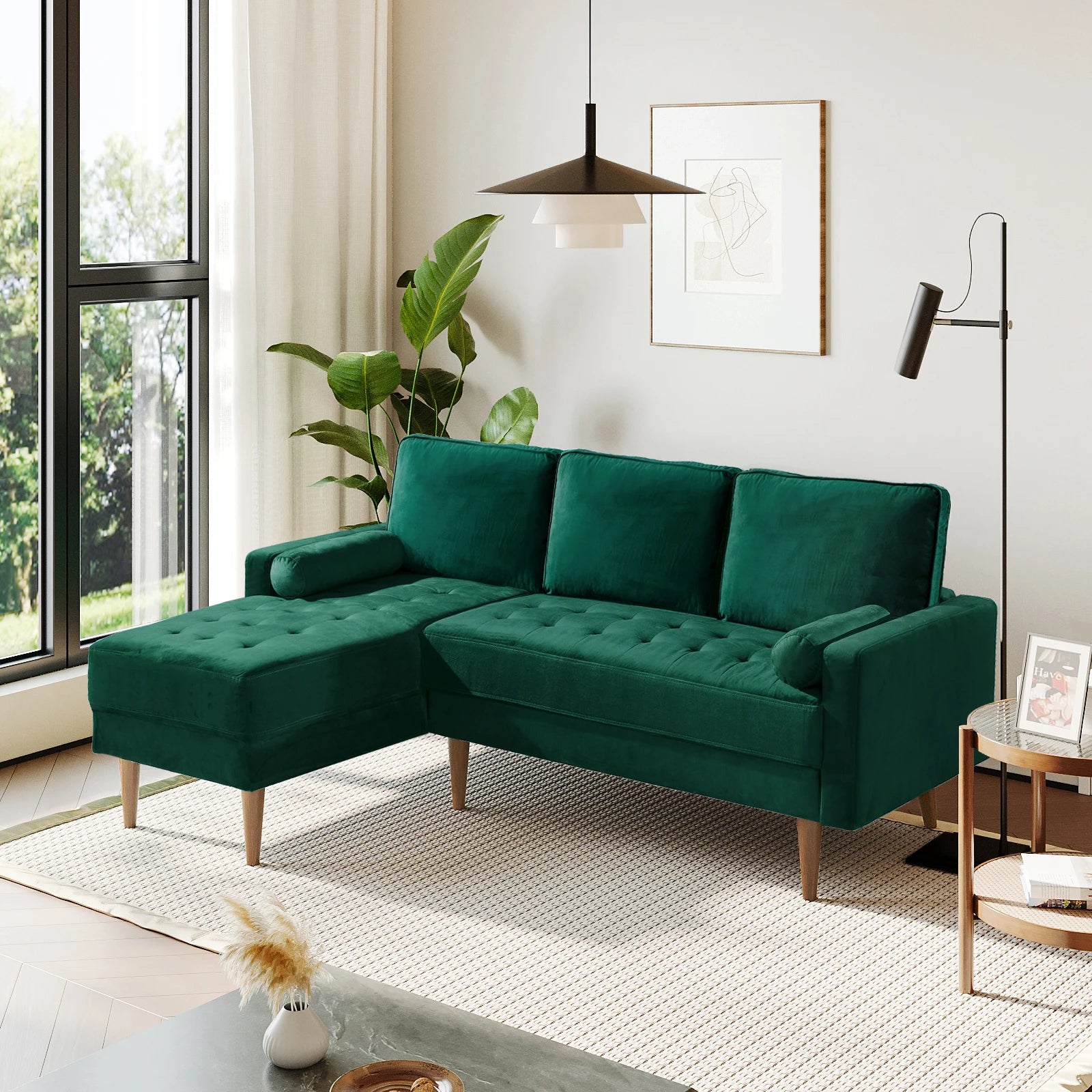 L-Shaped Velvet 3-Seater Sectional Sofa with Chaise