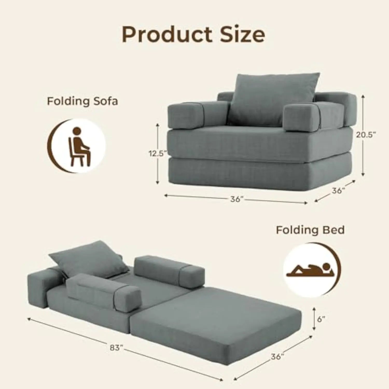 Folding Sofa Bed with Pillow – Dark Gray Convertible Sleeper Chair