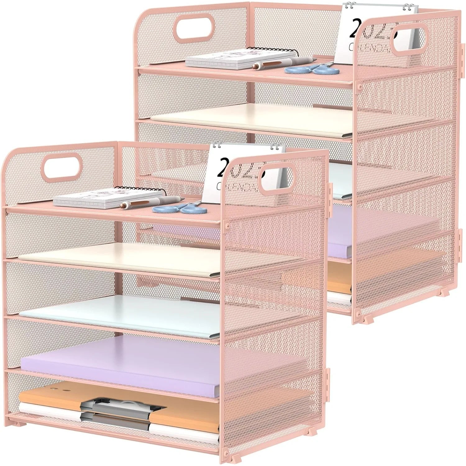 2-Pack 5-Tier Pink Mesh Desk Organizer with Handle