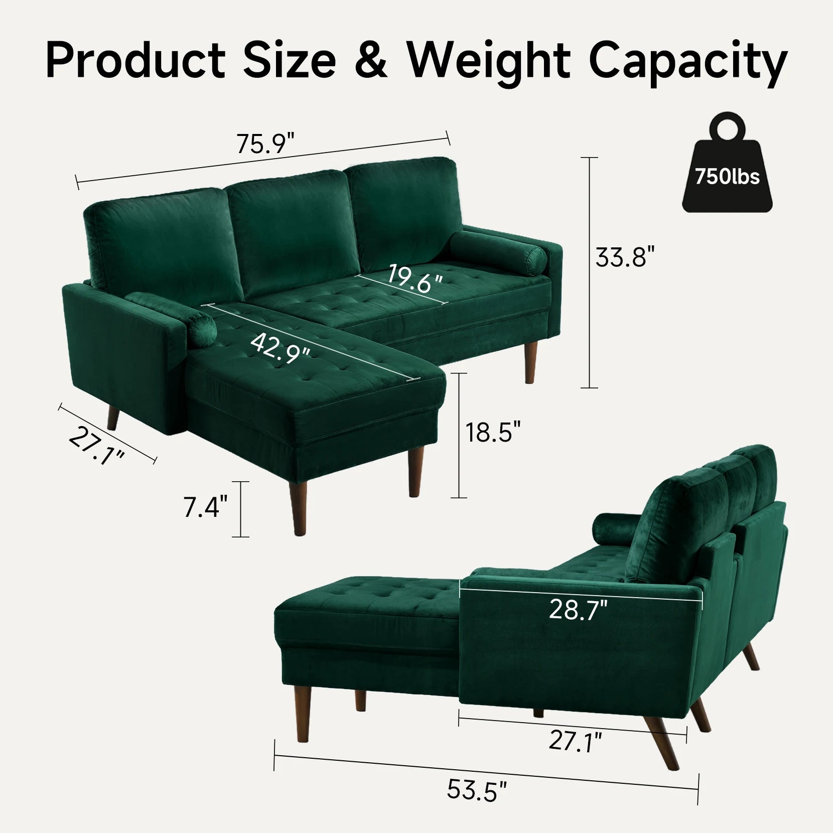L-Shaped Velvet 3-Seater Sectional Sofa with Chaise