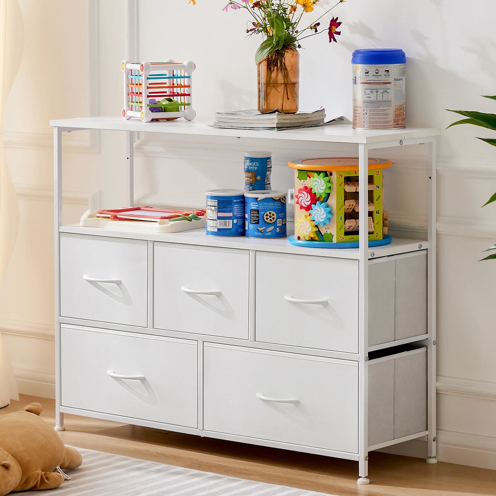 JHK Fireplace TV Stand with 5 Fabric Drawers – Bedroom Storage Cabinet