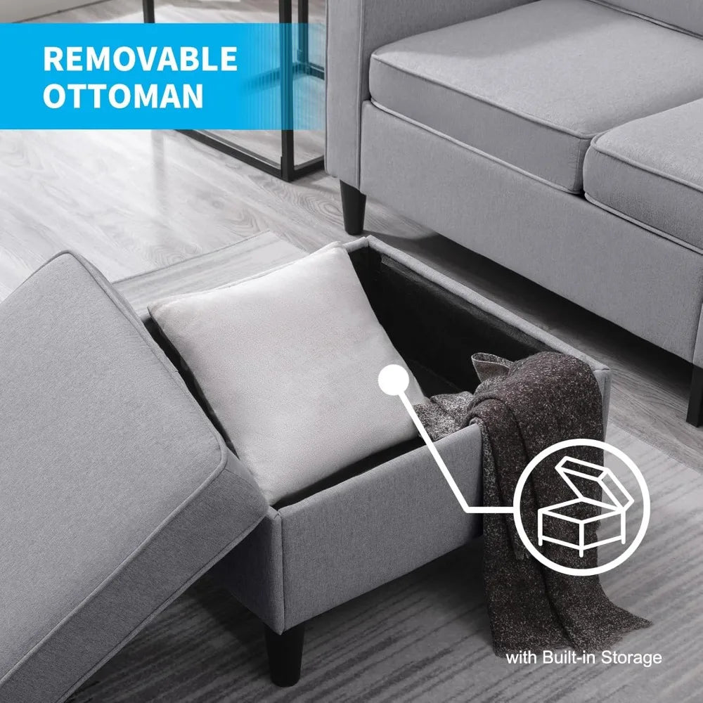 3-Piece L-Shaped Sofa Set with Storage Ottoman – Linen Upholstery