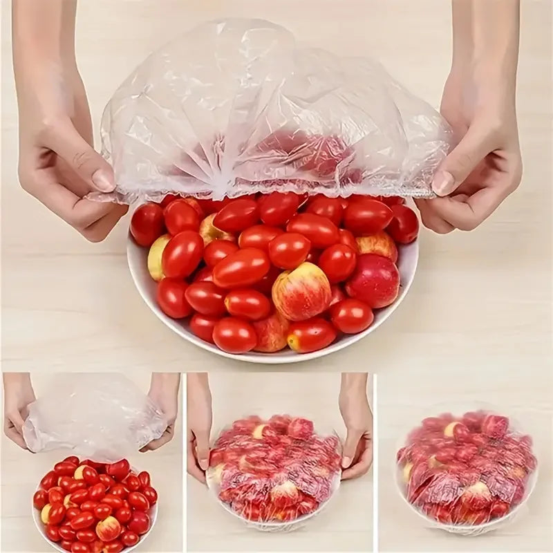 100pcs Disposable Food Covers – Stretch Plastic Wrap for Bowls