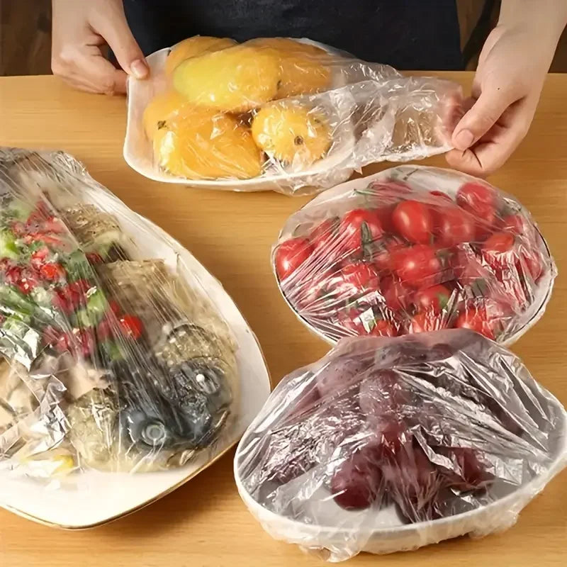 100pcs Disposable Food Covers – Stretch Plastic Wrap for Bowls