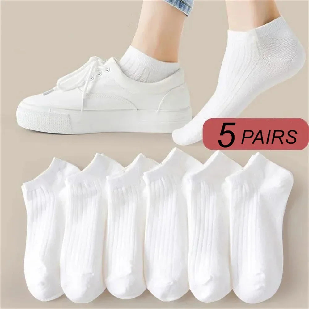 5 Pairs Women's Cotton Ankle Socks – Low-Cut, White (EU 36-42)