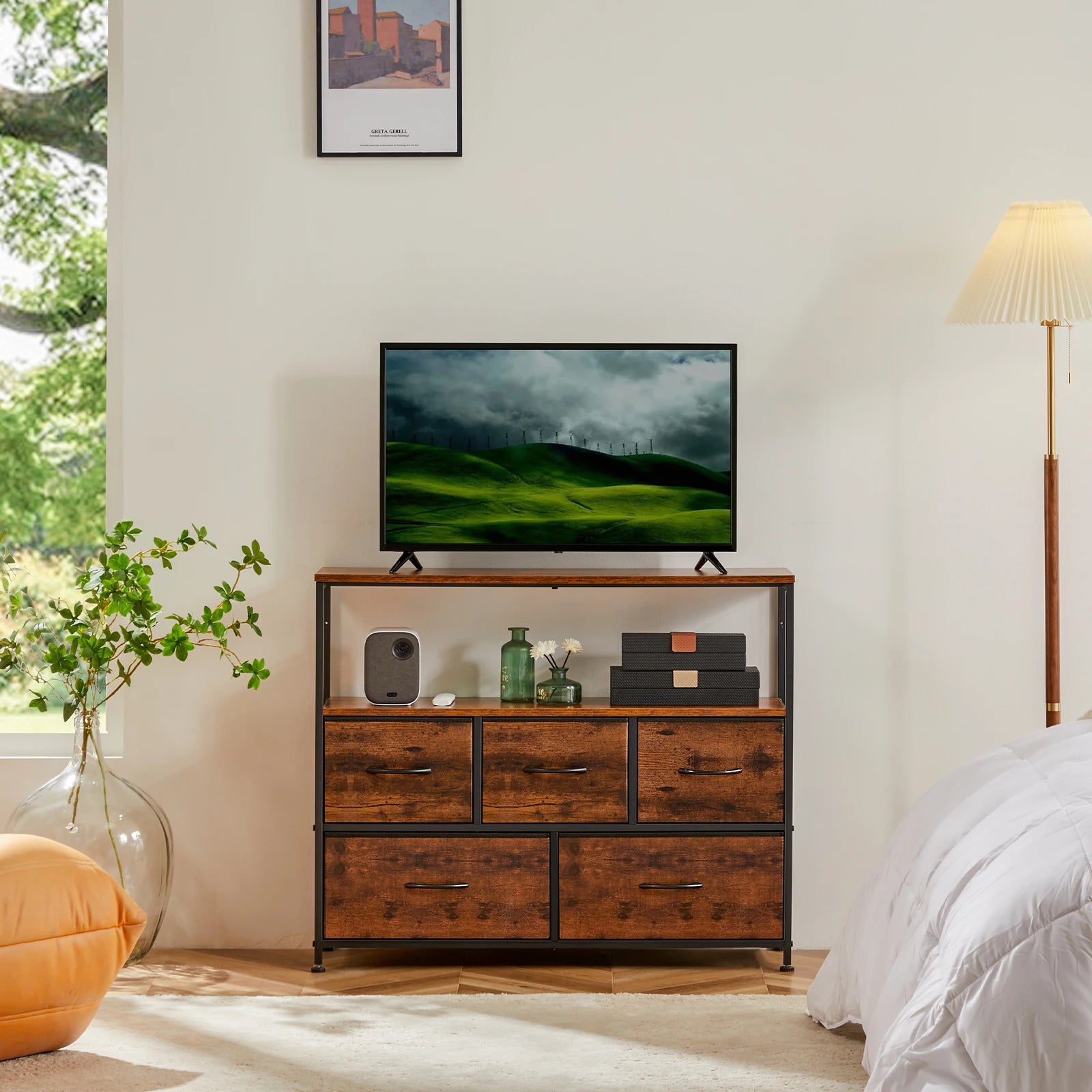 JHK Fireplace TV Stand with 5 Fabric Drawers – Bedroom Storage Cabinet