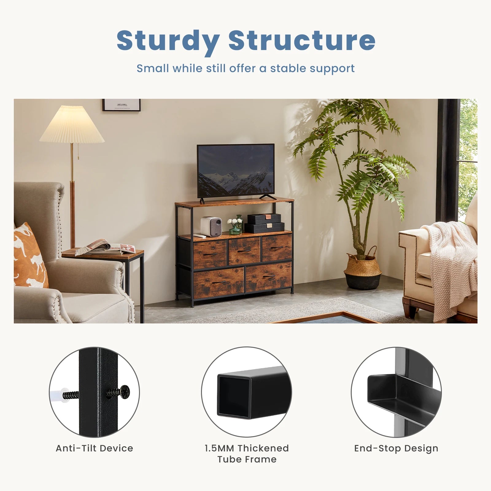 JHK Fireplace TV Stand with 5 Fabric Drawers – Bedroom Storage Cabinet