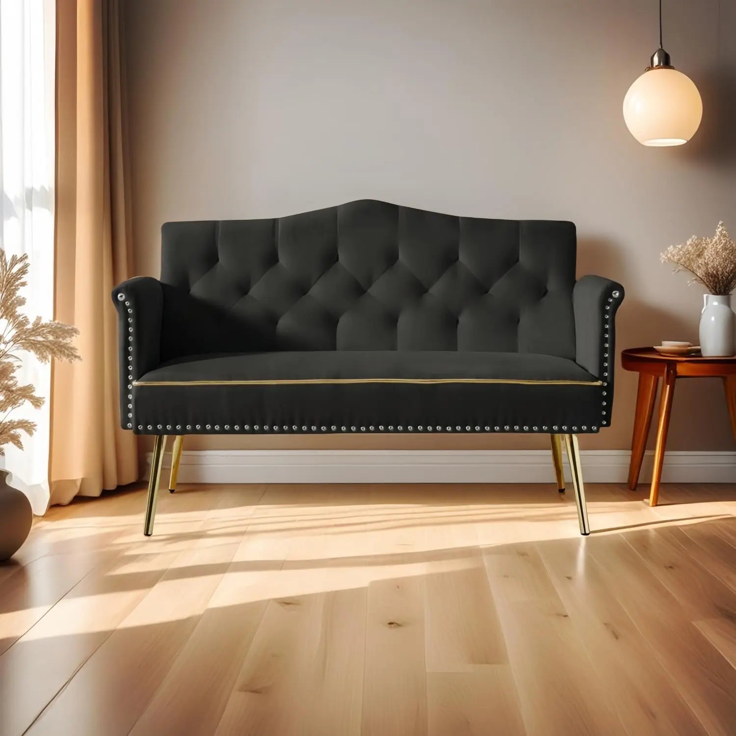 Small Velvet Loveseat Sofa with Gold Legs & Side Pockets