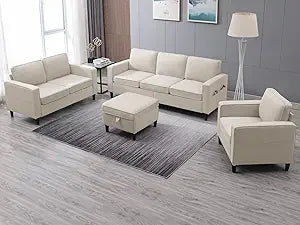 3-Piece L-Shaped Sofa Set with Storage Ottoman – Linen Upholstery