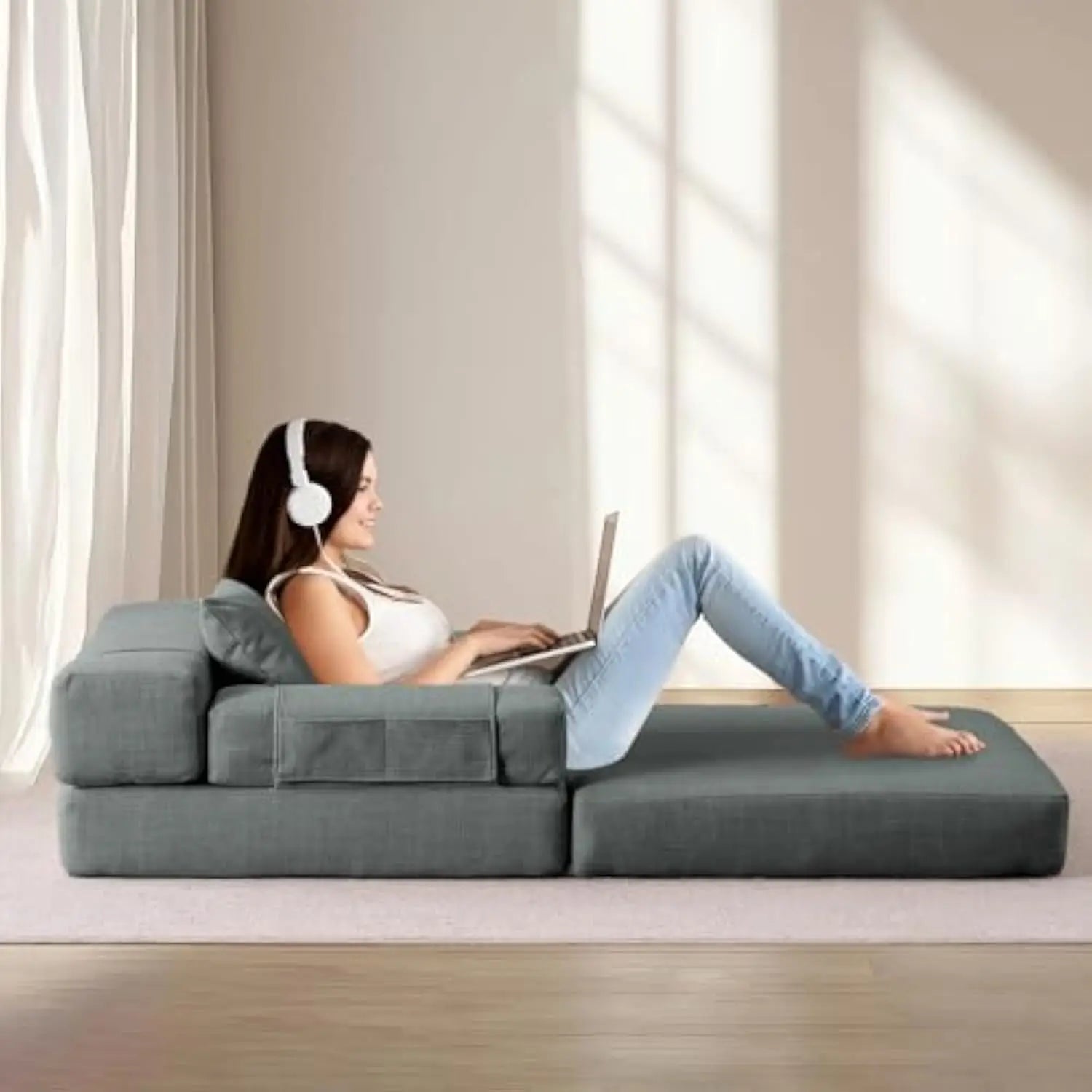 Folding Sofa Bed with Pillow – Dark Gray Convertible Sleeper Chair