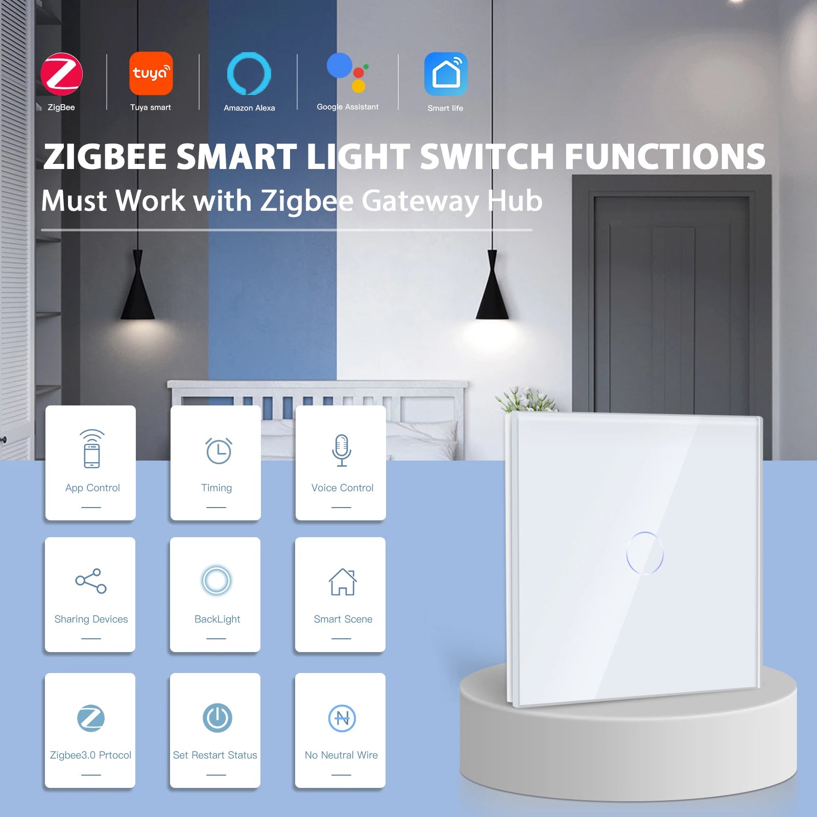 BSEED Zigbee Touch Light Switch – 1/2/3 Gang, Tuya & Alexa Compatible
