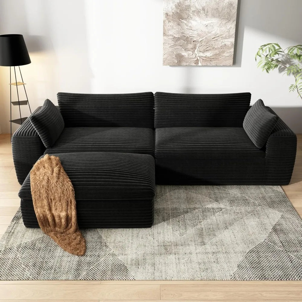 110" L-Shaped Corduroy Memory Foam Cloud Sofa – Black