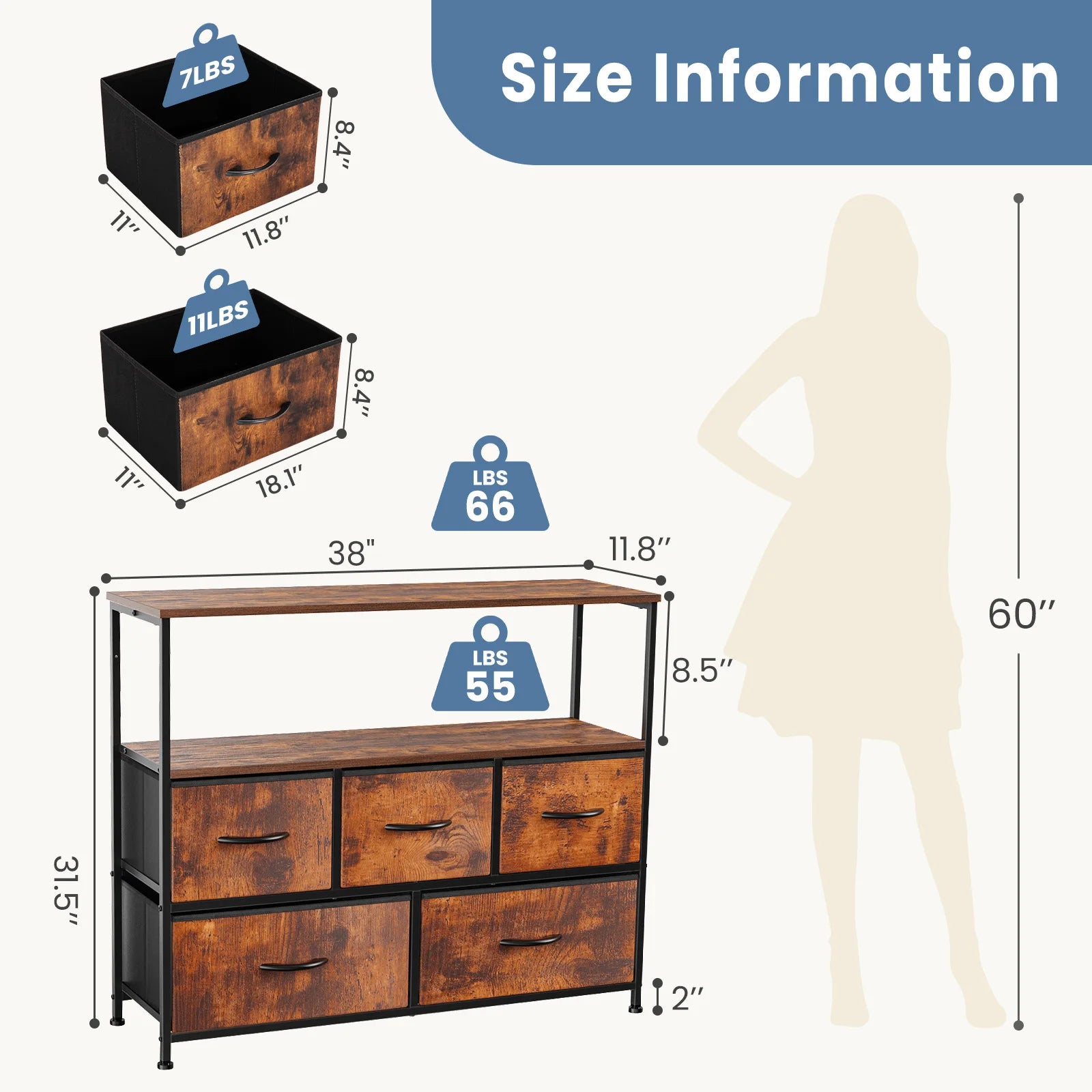 JHK Fireplace TV Stand with 5 Fabric Drawers – Bedroom Storage Cabinet