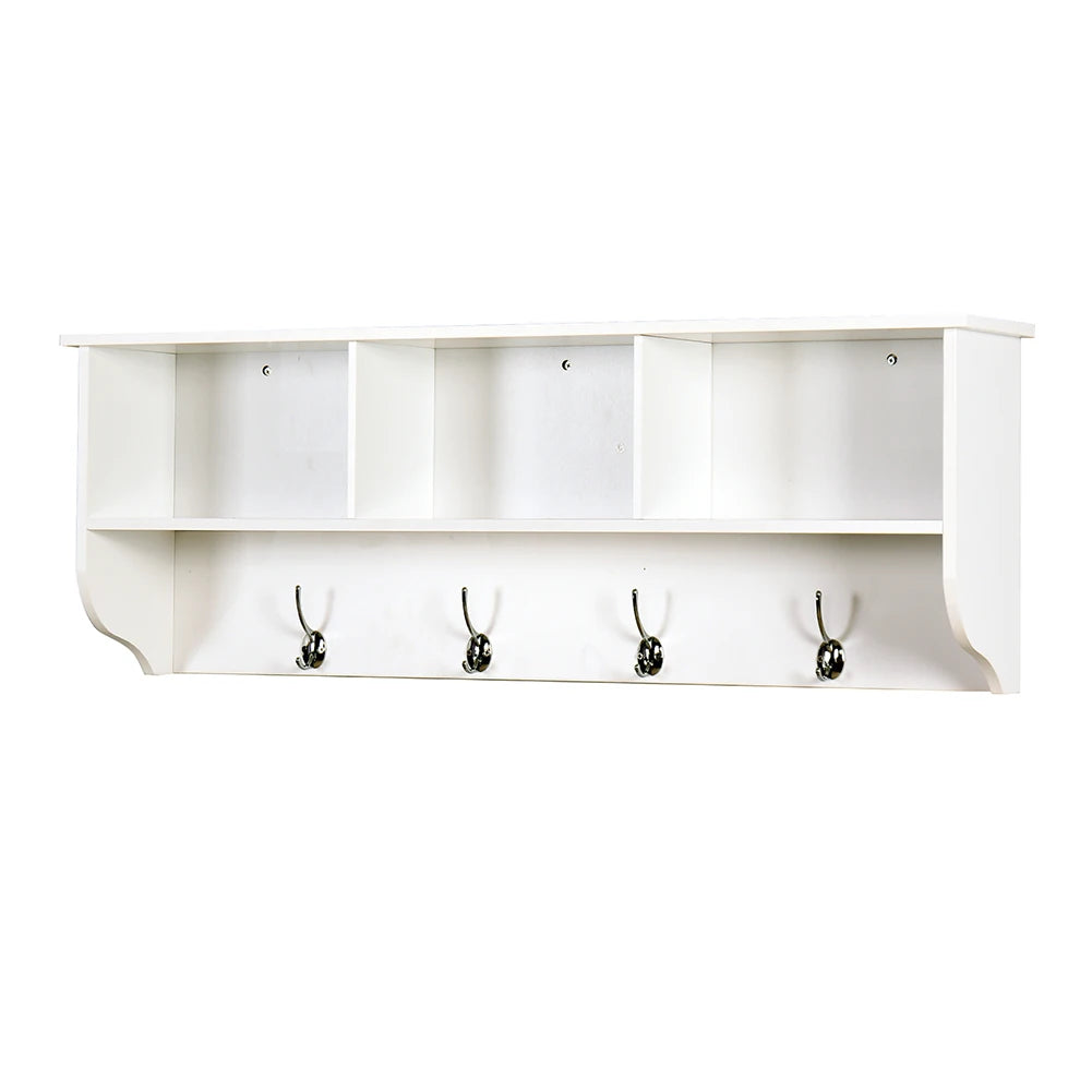 Rustic Wood Wall-Mounted Coat Rack with Shelf & 4 Dual Hooks