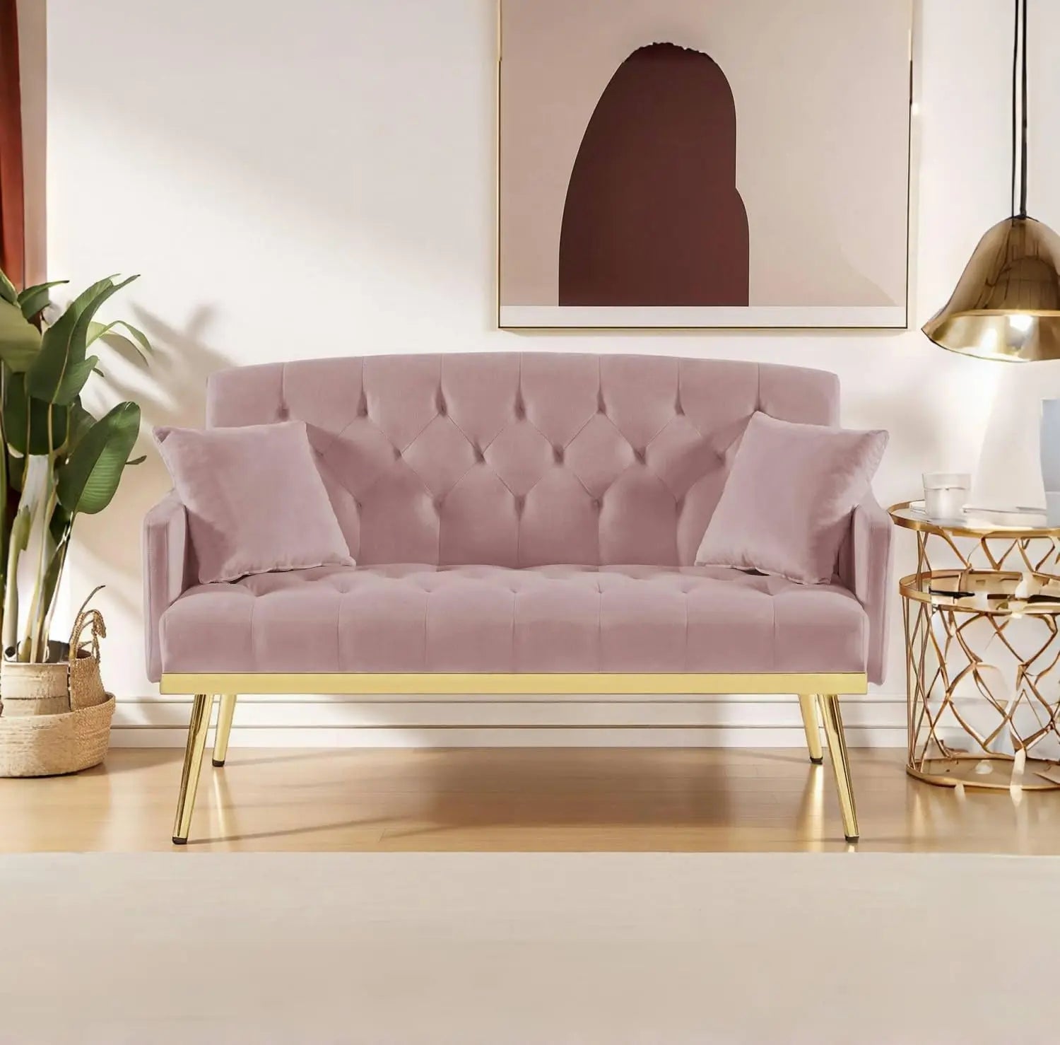 Small Velvet Loveseat Sofa with Gold Legs & Side Pockets