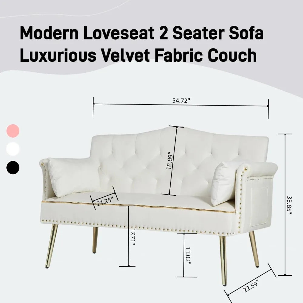 Small Velvet Loveseat Sofa with Gold Legs & Side Pockets