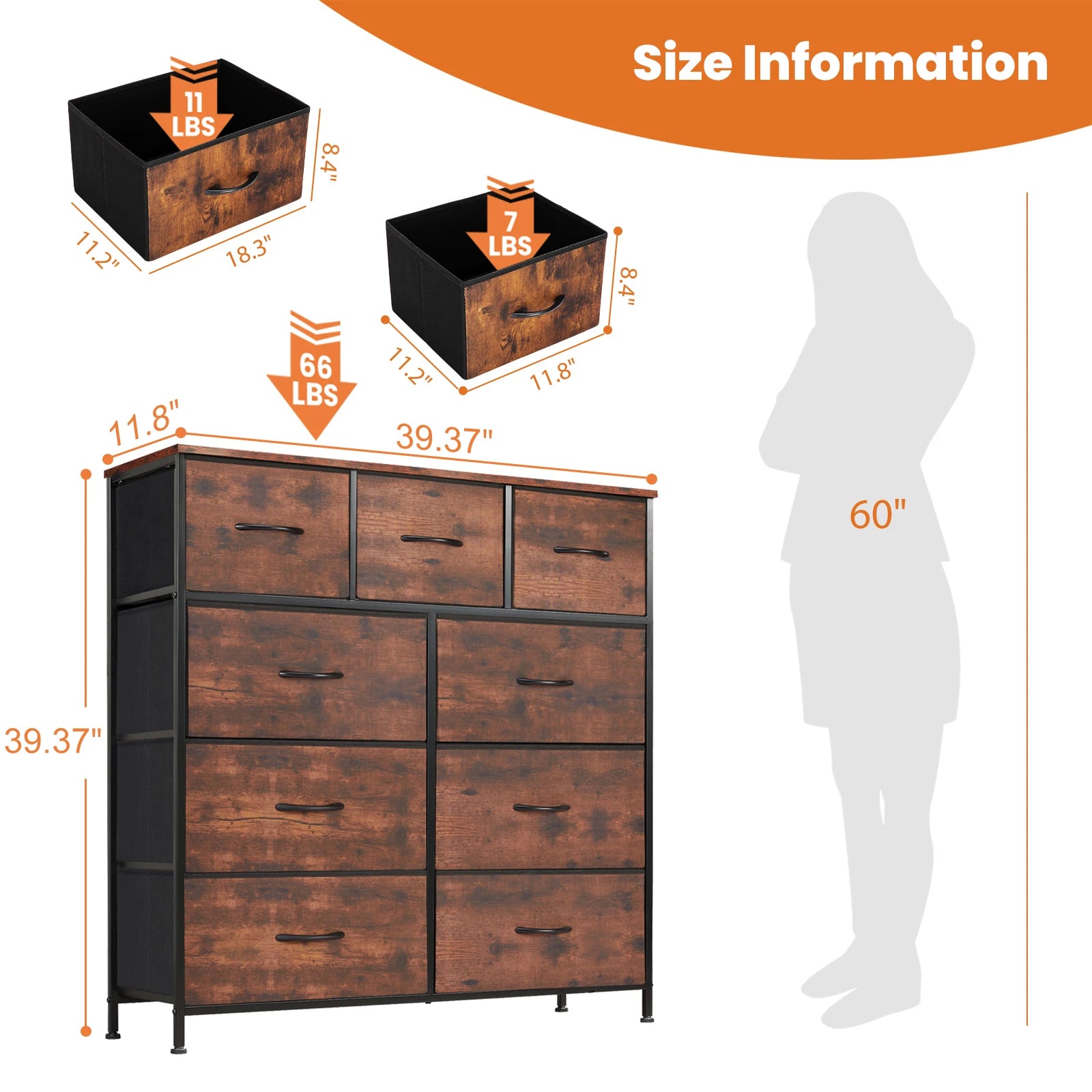JHK Dresser with 9 Fabric Storage Drawers