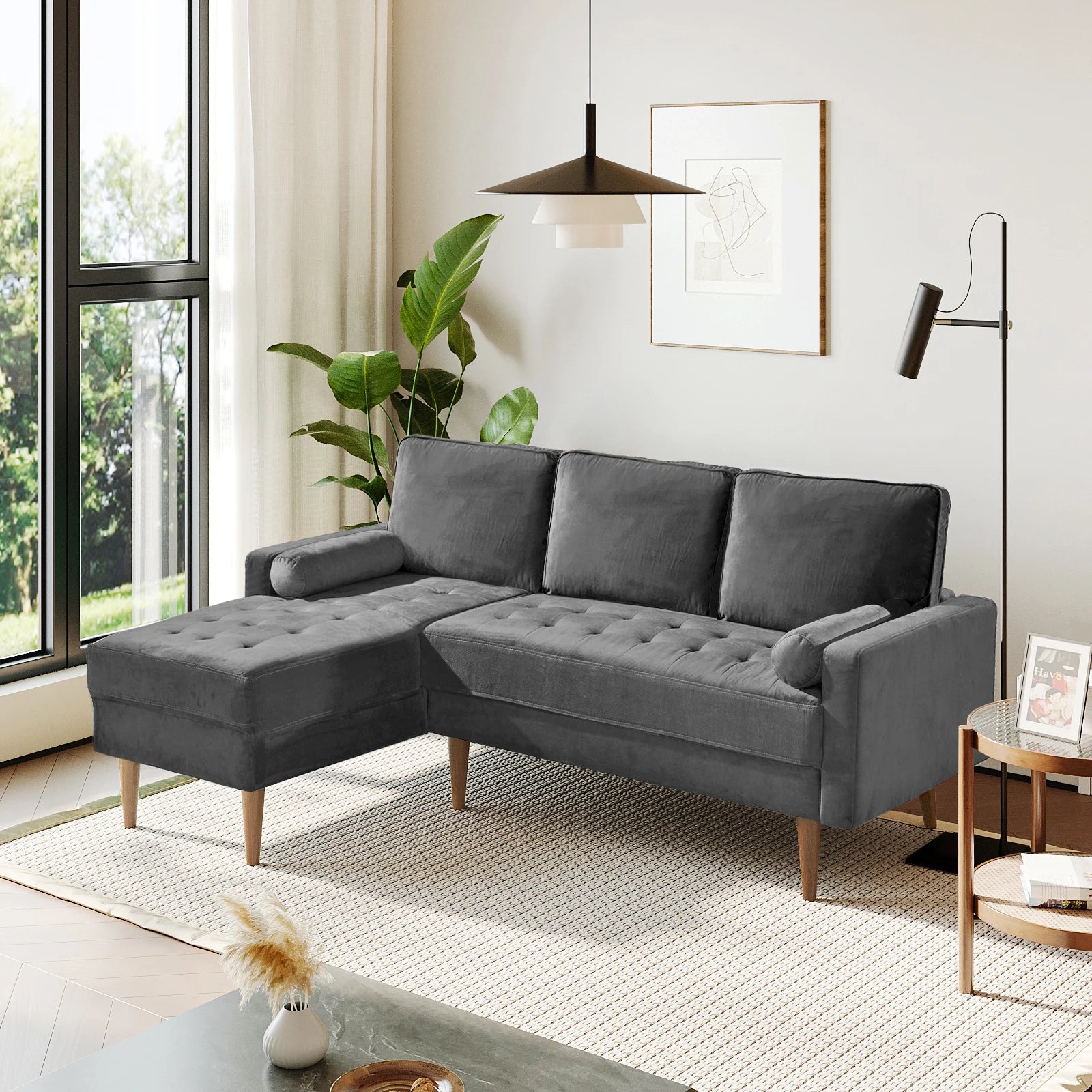 L-Shaped Velvet 3-Seater Sectional Sofa with Chaise