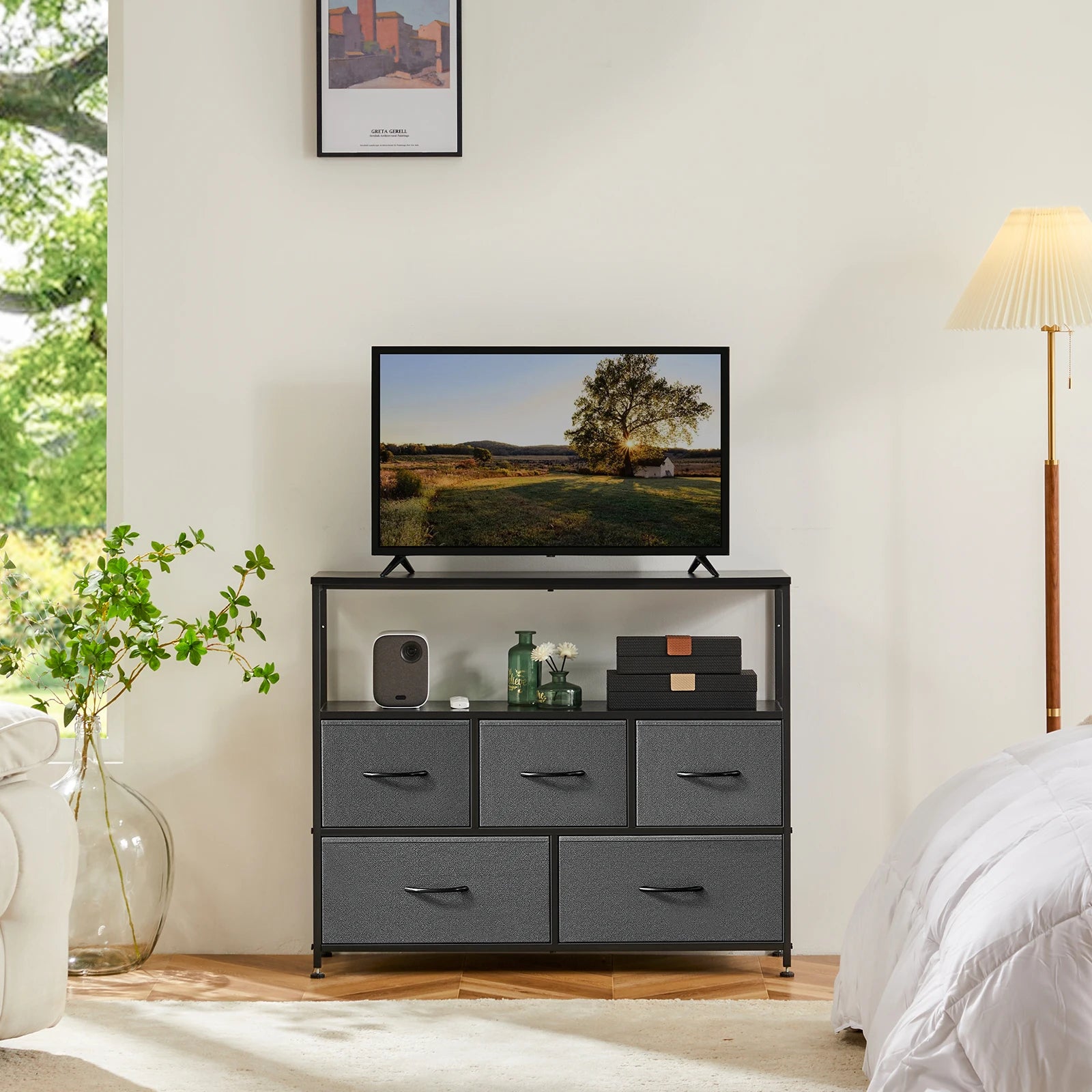 JHK Fireplace TV Stand with 5 Fabric Drawers – Bedroom Storage Cabinet