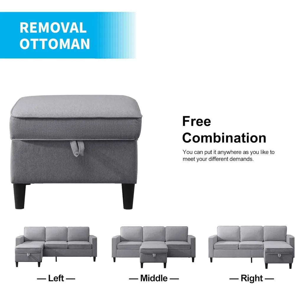 3-Piece L-Shaped Sofa Set with Storage Ottoman – Linen Upholstery